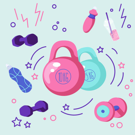 Weights of different kinds and bottles with water as hydration is very important during workout. Vector illustration with all objects being organized in groups and layers.のイラスト素材