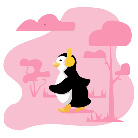 Cute cartoon penguin is jogging in a park. Vector illustration with editable elements organized into groups and layers.のイラスト素材