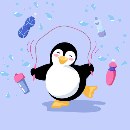 Cute cartoon penguin is having training indoors. Jumping rope is fast but the bird is faster. Vector illustration with editable elements organized into groups and layers.のイラスト素材