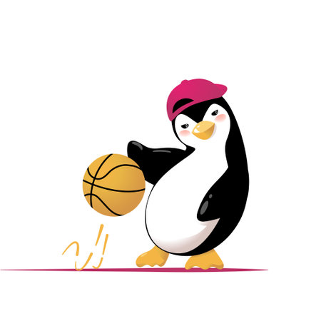Cartoon penguin doing sports outside. Basketball player. Vector Illustration isolated on white background.のイラスト素材