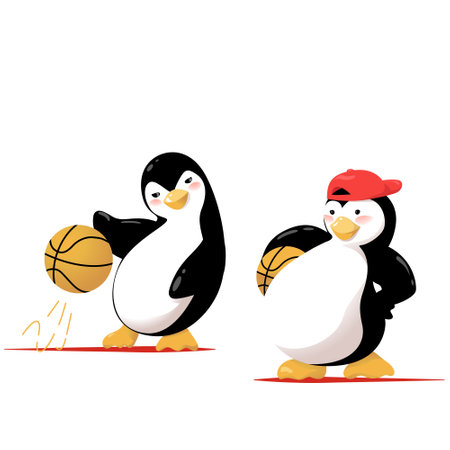 Cartoon penguins play basketball outdoors. Vector illustration isolated on white background.のイラスト素材
