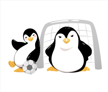 Cartoon penguins play football outside. Vector Illustration.のイラスト素材