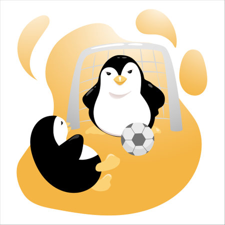 Cartoon penguins play football outside. Vector Illustration.のイラスト素材