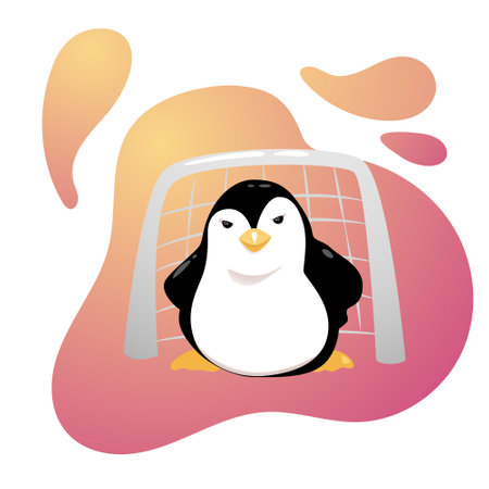 Cartoon penguin playing as a football goalkeeper outside. Vector Illustration.のイラスト素材
