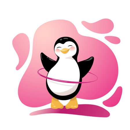 Cartoon penguin is twirling hoop outdoors. Vector Illustration.のイラスト素材