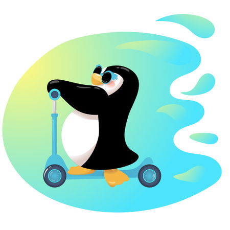 Cartoon baby penguin rides scooter outside. Vector Illustration on bright abstract background.のイラスト素材