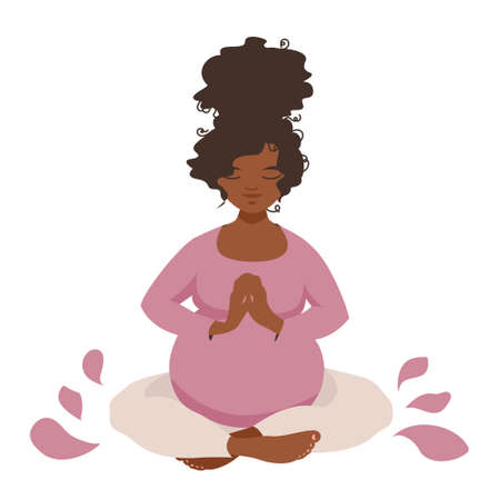 Thoughtful Pregnant Girl is doing Yoga in Lotus Pose. Vector illustration isolated on white background with minimalistic floral decoration.のイラスト素材