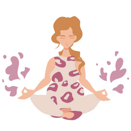 Calm Pregnant Girl id doing Yoga in a Thoughtful Meditation Pose. Vector illustration isolated on white background with minimalistic floral decoration.のイラスト素材