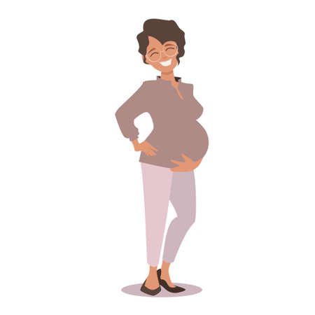 Happy olive-skin pregnant woman in a casual city clothes. Pretty girl stands relaxed with a smile. Vector illustration isolated on white background.のイラスト素材