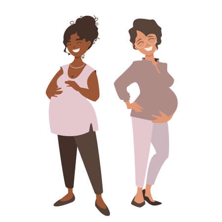 Two happy pregnant women. Pretty girls are happy to announce they are anticipating babies and share their joy. Vector illustration isolated on white background.のイラスト素材