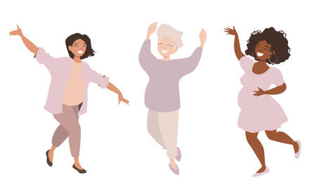 Group of happy pregnant women. Pretty girls are dancing to express and share their joy. .Vector illustration isolated on white background.のイラスト素材