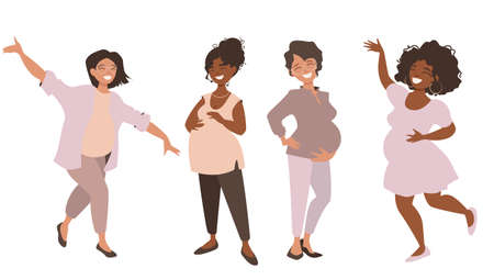 Group of happy pregnant women. Pretty girls are happy to announce they are anticipating babies and share their joy.Vector illustration isolated on white background.のイラスト素材