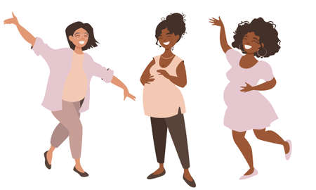 Group of happy pregnant women. Pretty girls are happy to announce they are anticipating babies and share their joy .Vector illustration isolated on white background.のイラスト素材