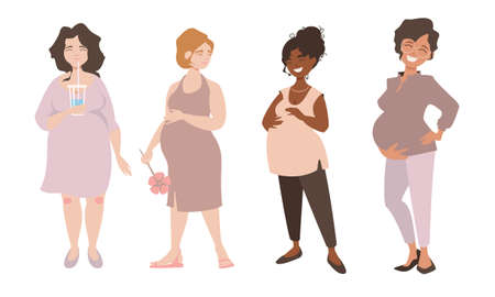 Group of happy multinational pregnant women. Pretty girls are happy to share their joy with friends. Vector illustration isolated on white background.のイラスト素材
