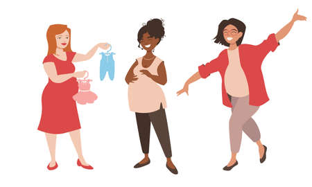 Group of happy pregnant women. Pretty girls are happy to announce they are anticipating babies and curious if its a boy or a girl.Vector illustration isolated on white background.のイラスト素材