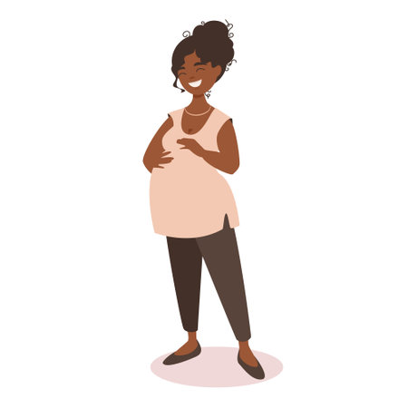 Happy black pregnant woman. Pretty future mother is calm and peaceful, she is full of joy anticipating her baby. Vector illustration isolated on white background.のイラスト素材