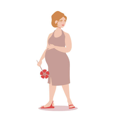 Graceful pregnant woman stands in a modern casual dress holding a pinwheel. Pretty future mother is calm and peaceful. Vector illustration isolated on white background.のイラスト素材