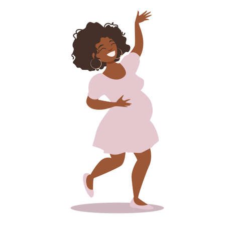 Happy dancing black pregnant woman. Pretty future mother is full of joy anticipating her baby. Vector illustration isolated on white background.のイラスト素材