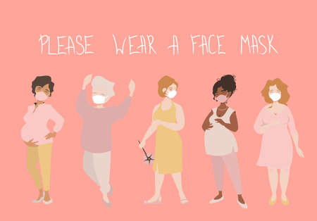 Different Girls wear Face Masks Standing in a Row. Pregnant, young, elder women call for safety outdoors. Vector illustration.のイラスト素材