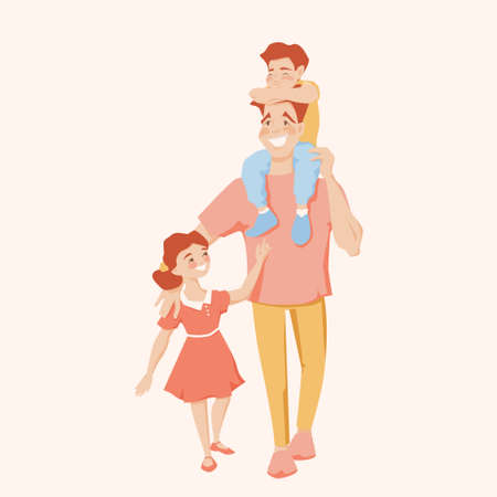 Happy Father Bonding with Kids Son and Daughter. Family walks talking and smiling. Vector illustration isolated.のイラスト素材