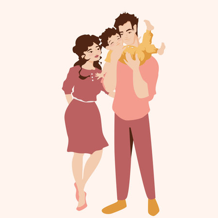 Young Family with a Newborn Laughing Baby . Father holds the kid. Both parents look with love and adore. Vector illustration.のイラスト素材