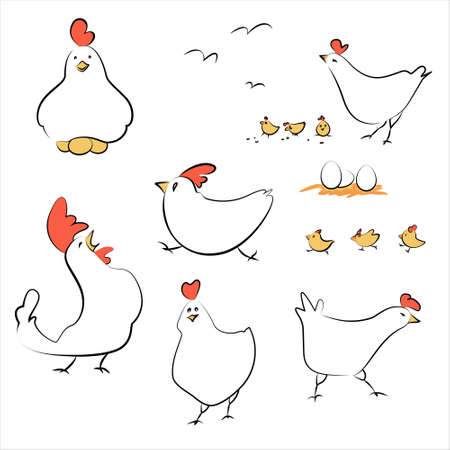 Set of hens, chicks and rooster. Running, singing, walking birds with emotions as surprise, happiness and anxiety. Vector illustration isolated on white background.のイラスト素材