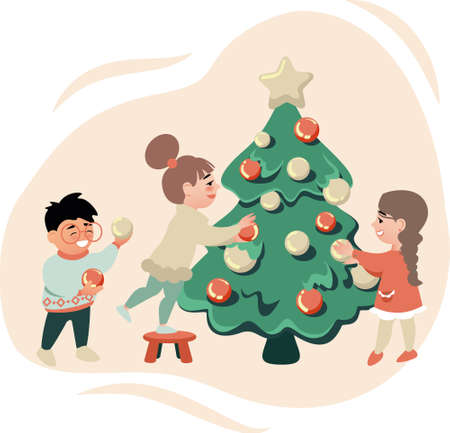 Children decorate together Christmas tree with Christmas toys and glass balls. Holiday card to celebrate winter magic time. Vector illustration.のイラスト素材