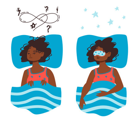 Young girl can not fall asleep because of bad thoughts and anxiety. She is happy sleeping having good dreams after putting sleeping mask on. Bedtime vector illustration isolated on white background.のイラスト素材