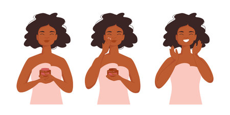 Pretty Girl putting cream on for facial treatment to get healthy skin. Beauty routine put in steps. Vector illustration isolated on white background.のイラスト素材