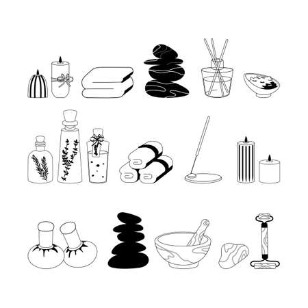 Black and white spa set with towels, aromatic oils and candles, massage stones and spa herbal balls. Vector sketch of beauty and health isolated on white background.のイラスト素材
