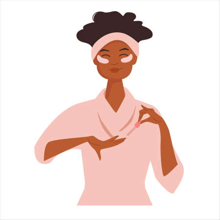 Cute African American girl with curly hair does cosmetic routine for glowing skin. Facial treatment with eye patch and hand serum to moisturize. Vector illustration isolated on white background.のイラスト素材
