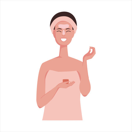 Pretty girl with short hair in towel does cosmetic routine for glowing skin. Facial treatment with cream and mask to moisturize. Vector illustration isolated on white background.のイラスト素材