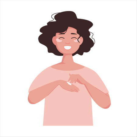 Cute girl with curly hair does cosmetic routine for glowing skin. Facial treatment with eye patch and hand cream to moisturize. Vector illustration isolated on white background.のイラスト素材