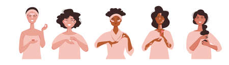 Pretty girls use cosmetic products for facial treatment. Multi ethnic women apply cosmetic cream, mask and lotion for skincare routine. Flat vector illustration set isolated on white background.のイラスト素材