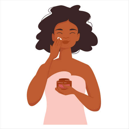 Cute African American girl puts face cream for healthy glow skin. Beauty treatment. vector illustration isolated on white background.のイラスト素材
