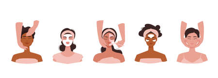 Set of cosmetic spa treatment to face and neck. Multi ethnic cute girls take care of skin at home and in a beauty salon. Face treatment and massage. Vector illustration isolated on white background.のイラスト素材
