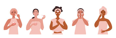 Set of standing cute girls. Facial cosmetics to cleanse, moisturize and intoxicate. Multi ethnic women take care to get healthy glowing skin. Flat vector illustration isolated on white background.のイラスト素材