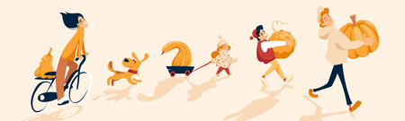 Vector illustration of family carrying pumpkins. Joyful mother, happy father and cheerful kids each choose their favourite pumpkin to celebrate autumn season and harvest.のイラスト素材