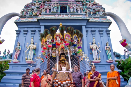 Little India - Singapore, 7 February 2012: A devotee in thaipusam festival starting his walk procession outside the templeのeditorial素材