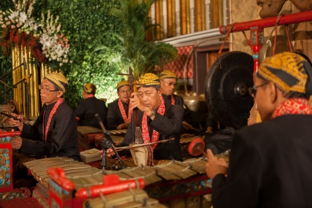 Java Indonesia - 6-5-2012: a Javanese traditional musicians performing original GAMELAN ORCHESTRA on stageのeditorial素材