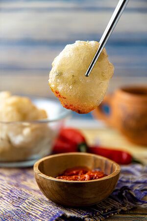 Cireng or aci goreng is a snack that comes from the West Java Sunda Bandung region in Indonesia, made by frying a mixture of dough made from starch or cimol cilok tapioca and onionの写真素材