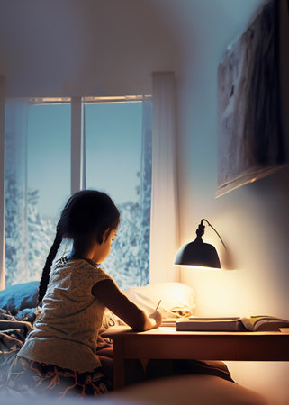 Little girl sitting in her bedroom and studying reading a book or tablet alone concept of home based learningの素材