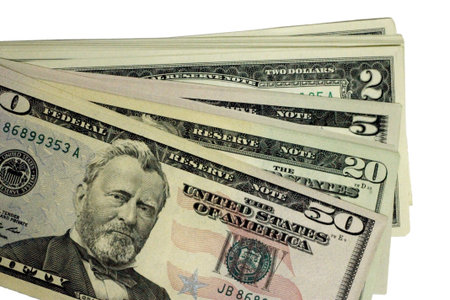 Two, five twenty and fifty dollars isolate on the white background
