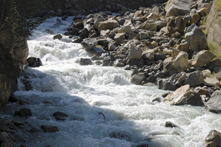 Wild mountain river flowing in the canyon