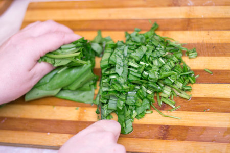 Woman cutting sorrel by knife on the wooden cooking deskの写真素材
