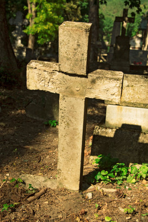 Ancient stone cross on The Old cemetary - Necropolis. Historical part of Pyatigorsk, Northern...