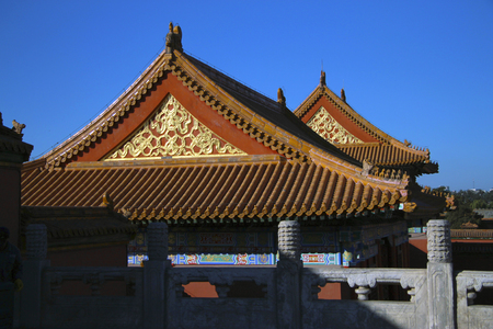 The roofs of Temples Of The Forbidden City under clear blue sky In Beijing China republicのeditorial素材