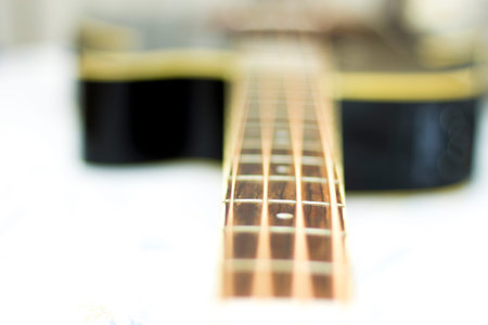 An acoustic bass guitar close-up isolated on the white background