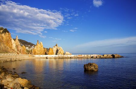 Famous rocks on the seashore of Tabarca under cloudy sky, Tunisiaの写真素材