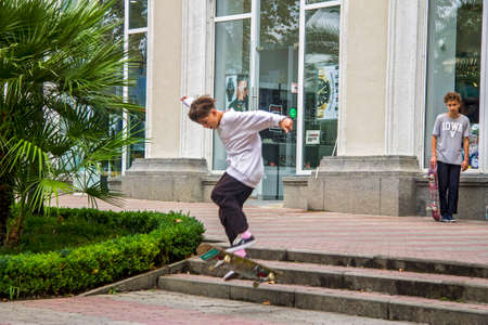 Teen training on skate board. Sochi, Russian Federation 2020 september 06のeditorial素材